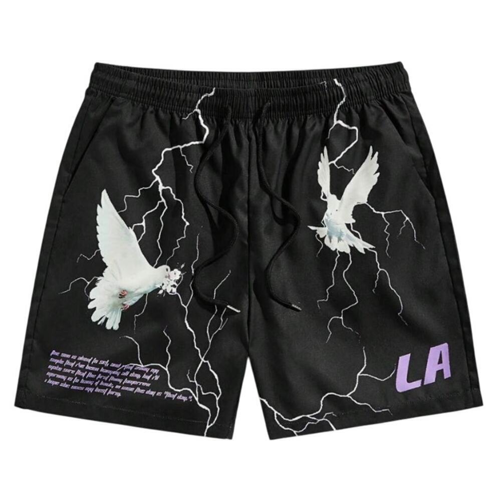 Men Pigeon & Slogan Graphic Drawstring Waist Shorts in Black, Size M​​​